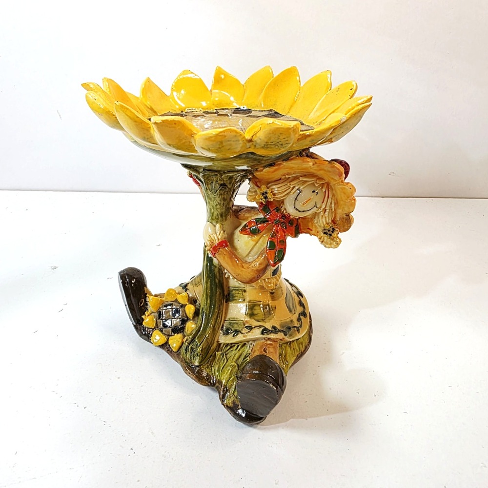 Sunflower Girl Scarecrow Resin Pillar Candle Holder Trinket Dish Fall Decor